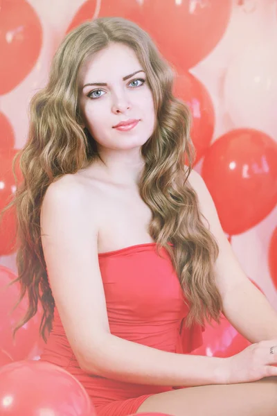 Beautiful Long Haired Woman Big Red Balloons — Stock Photo, Image