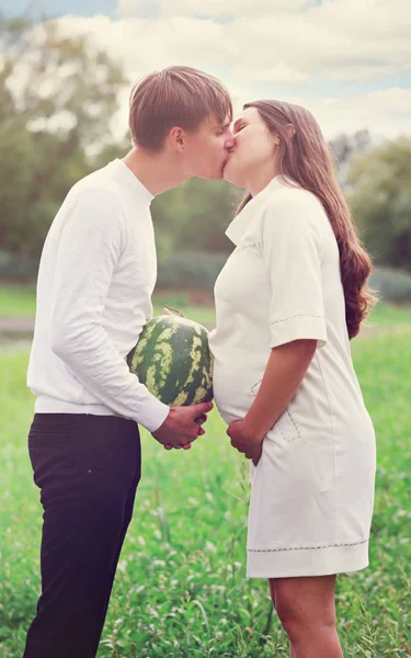 Young Beautiful Pregnant Couple Watermelon Hands — Stock Photo, Image