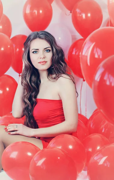 Beautiful Long Haired Woman Big Red Balloons — Stock Photo, Image