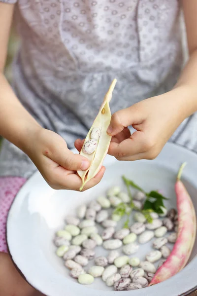 Little Girl Cleans Green Beans Bowl — Stock Photo, Image