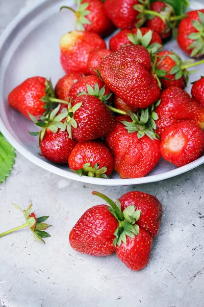Fresh Juicy Organic Strawberries Old Metal Bowl — Stock Photo, Image