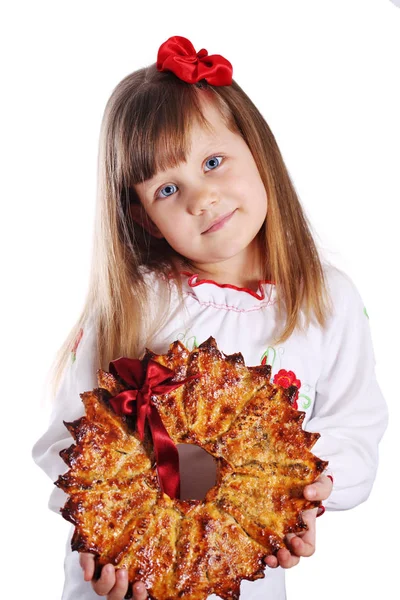 Büyük Noel Yıldızı Geleneksel Tatlı Tutan Küçük Kız Ukraynalı Kalita — Stok fotoğraf