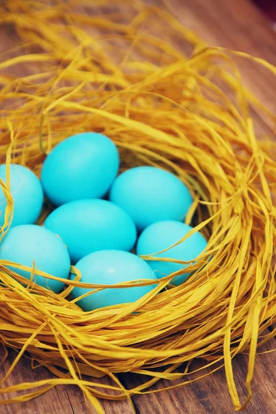 Osterstillleben Nest Aus Gefärbten Eiern — Stockfoto