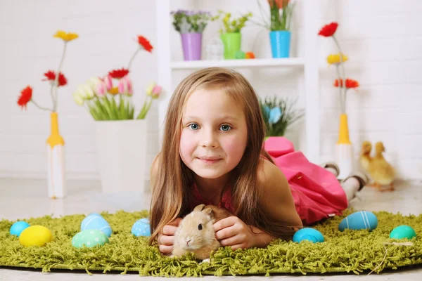 Girl Lying Carpet Rabbit — Stock Photo, Image