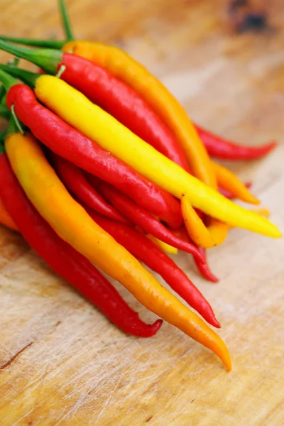 Bunch Small Chili Peppers Wooden Board — Stock Photo, Image