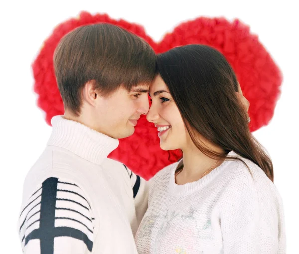 Młoda Para Przytulanie Tle Duże Serce Walentynki — Zdjęcie stockowe