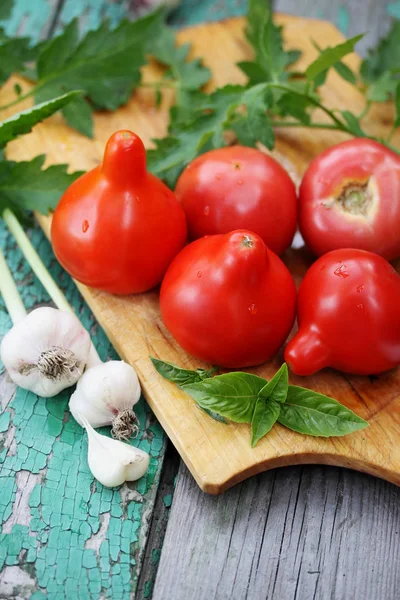 Fresh Juicy Tomatoes Garlic Basil — Stock Photo, Image