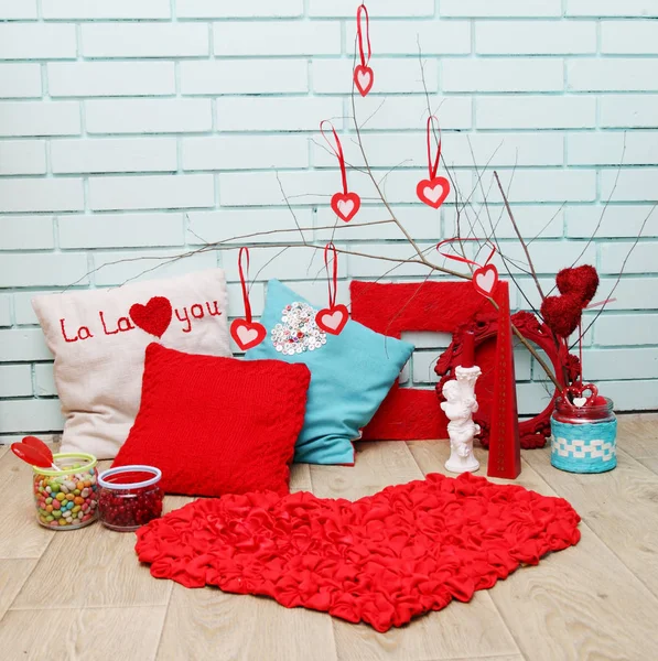 Decorações Festivas Para Dia Dos Namorados Cores Vermelhas Azuis — Fotografia de Stock