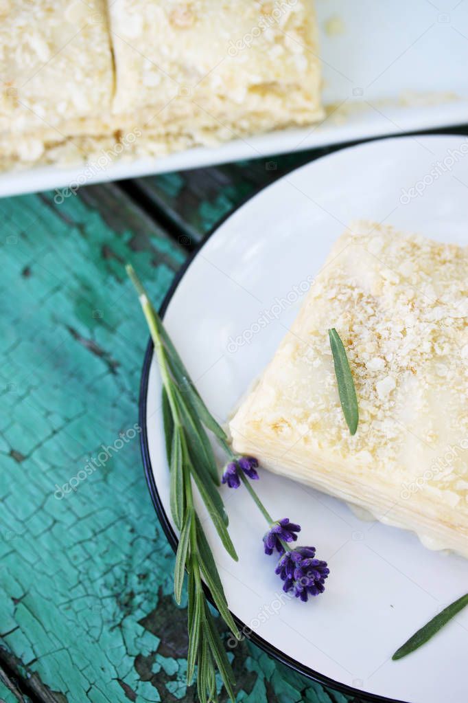 Napoleon cake with custard and lavender