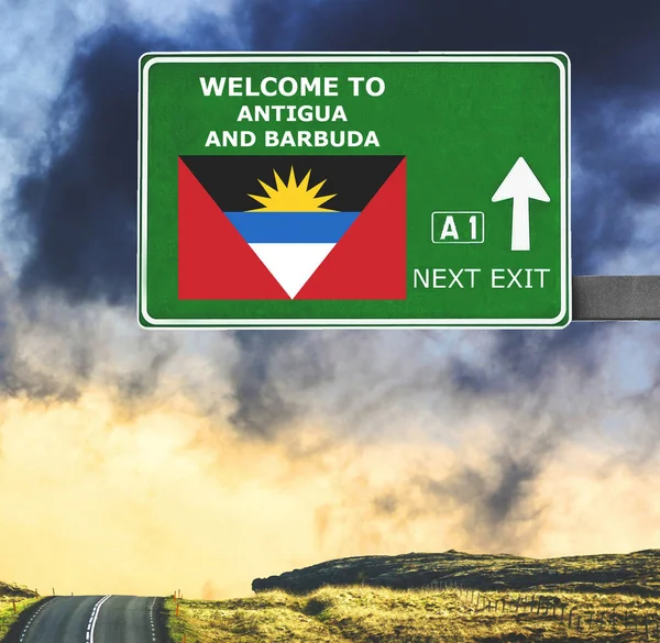 Antigua and Brabuda road sign against clear blue sky