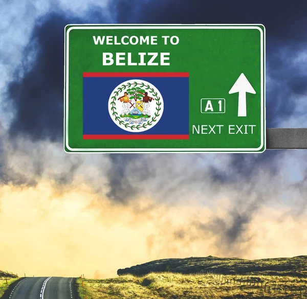 Belize road sign against clear blue sky