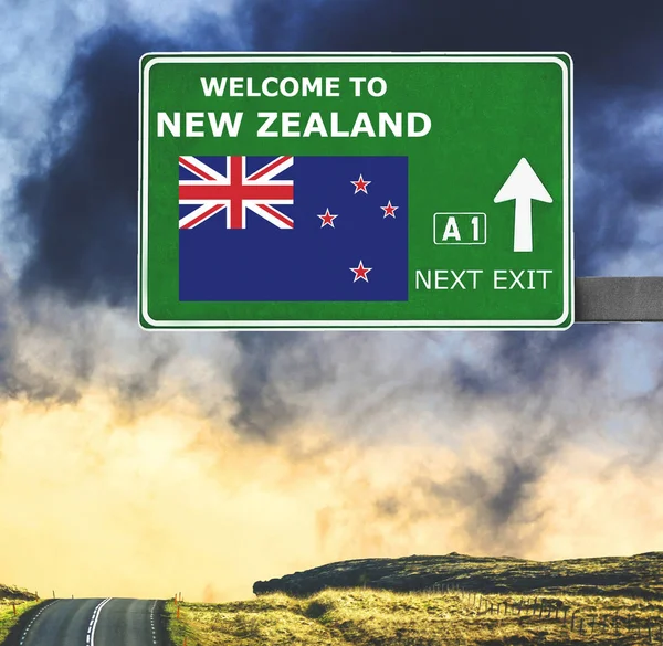 New Zealand road sign against clear blue sky