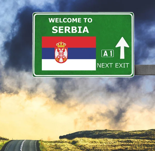 Serbia road sign against clear blue sky