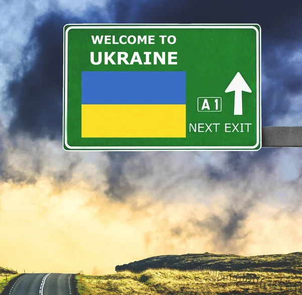 Ukraine road sign against clear blue sky