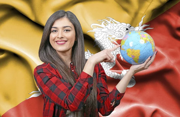 Young Female Tourist Holding Earth Globe Flag Bhutan — Stock Photo, Image