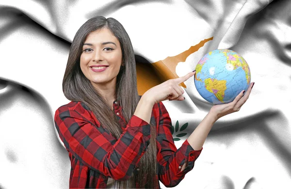 Young Female Tourist Holding Earth Globe Flag Cyprus — Stock Photo, Image