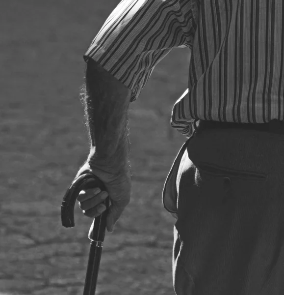 Old Man Walking His Hands Wooden Walking Stick — Stock Photo, Image