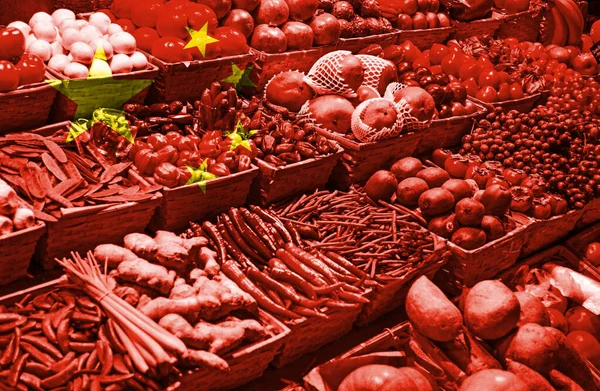 Variedade Frutas Legumes Frescos Contra Bandeira Nacional China — Fotografia de Stock