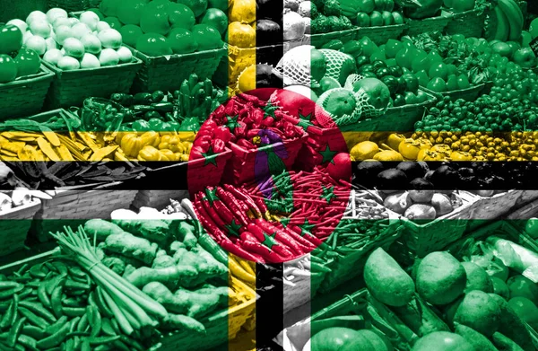 Variedad Frutas Verduras Frescas Frente Bandera Nacional Dominica — Foto de Stock