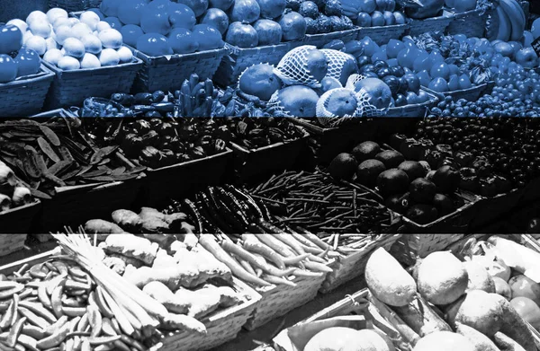 Variedad Frutas Hortalizas Frescas Frente Bandera Nacional Estonia —  Fotos de Stock