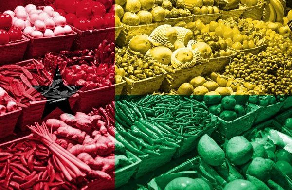 Variedade Frutas Produtos Hortícolas Frescos Contra Bandeira Nacional Guiné Bissau — Fotografia de Stock