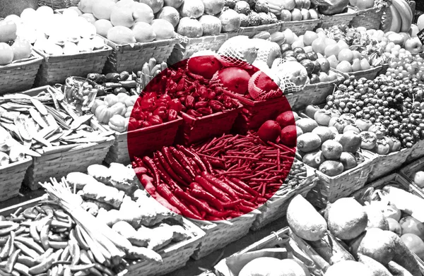 Variedad Frutas Verduras Frescas Frente Bandera Nacional Japón —  Fotos de Stock