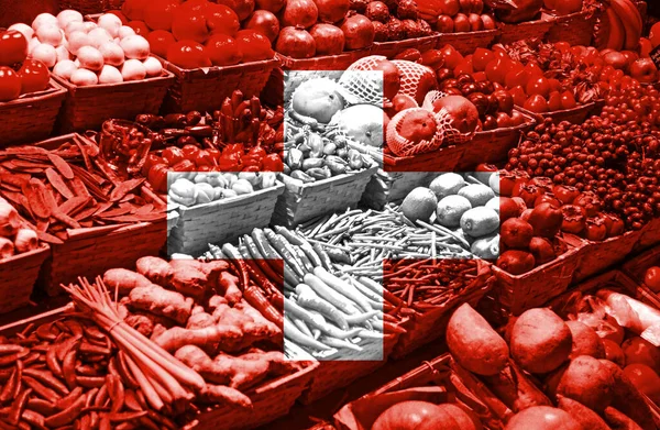 Variedad Frutas Hortalizas Frescas Frente Bandera Nacional Suiza —  Fotos de Stock