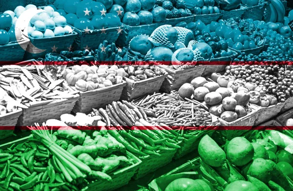 Variedade Frutas Produtos Hortícolas Frescos Contra Bandeira Nacional Uzbequistão — Fotografia de Stock