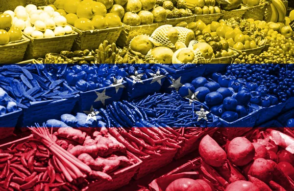Variedad Frutas Verduras Frescas Contra Bandera Nacional Venezuela — Foto de Stock