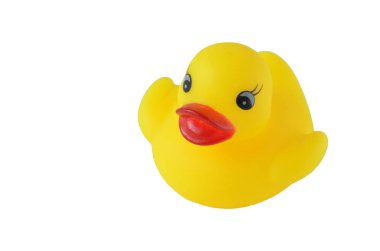 Beyaz bir arka plan üzerinde izole sarı oyuncak lastik ördek