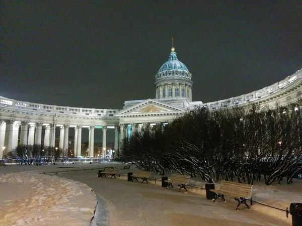 Catedral Kazán Iluminada Por Nieve San Petersburgo Rusia Noche Vista — Foto de Stock