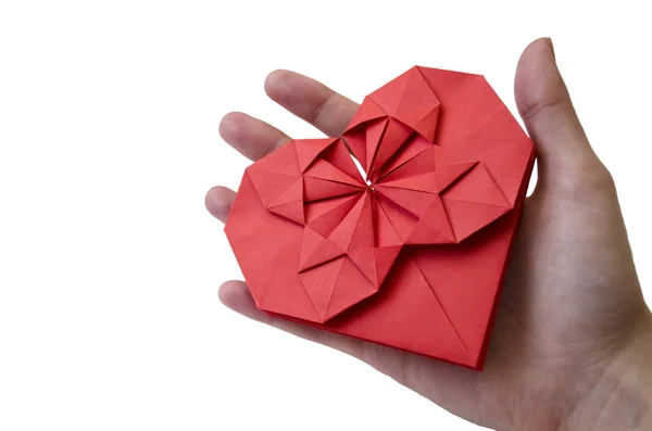 Geïsoleerde Rood Papier Hart Maakte Origami Techniek Vrouwelijke Hand Een — Stockfoto