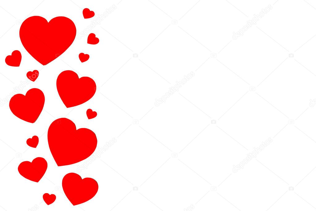 Isolated many red paper hearts in line in form of a decorative frame on white background with copy space. Symbol of love and Valentine's day