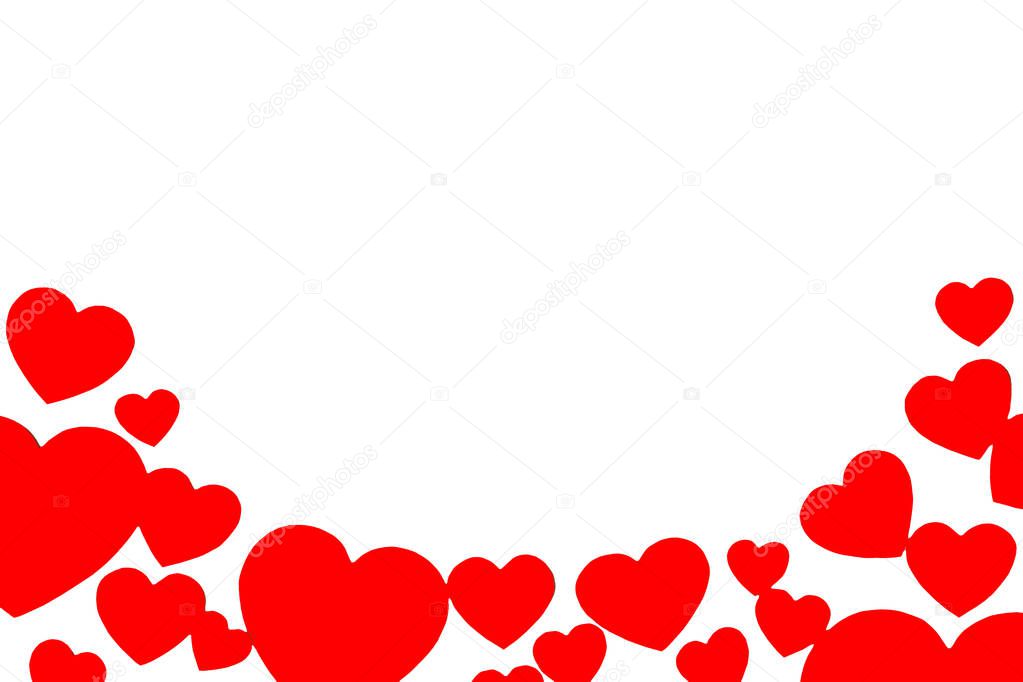 Many red paper hearts in the form of an arc. Rounded decorative frame on white background with copy space. Symbol of love, valentines day concept. Horizontal image