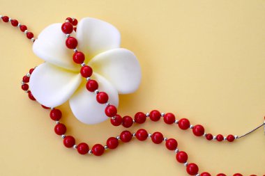 White with yellow flower and bright red coral beads with silver accents on a yellow background. Concept of International Women's Day, Mother's Day, Valentine's Day