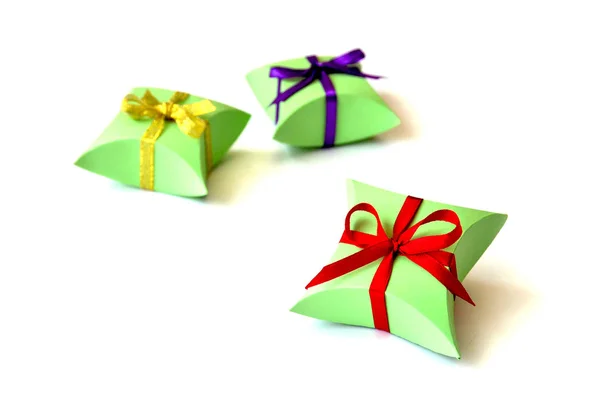 Isolated Three Apple Green Paper Gift Boxes Jewelry Red Violet — Stock Photo, Image