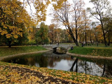 Şehir parkında sonbahar. Altın ağaçlar ve yaprakların bir örtü