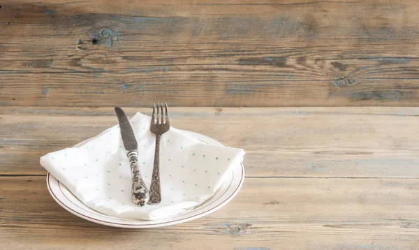 White Empty Plate Vintage Silver Ware Fork Knife Polka Dot — Stock Photo, Image