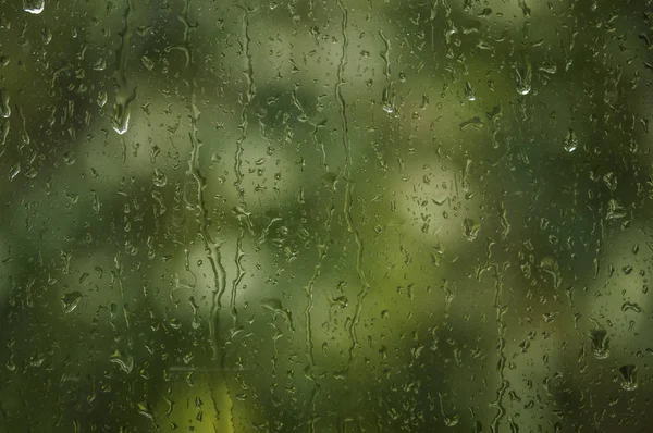 Arkaplanda Yeşil Ağaç Olan Pencereye Yağmur Damlaları Yağar — Stok fotoğraf
