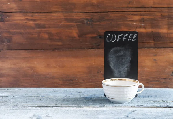 White Coffee Cup Small Blackboard Wooden Tabletop Menu Tea Card — Stock Photo, Image