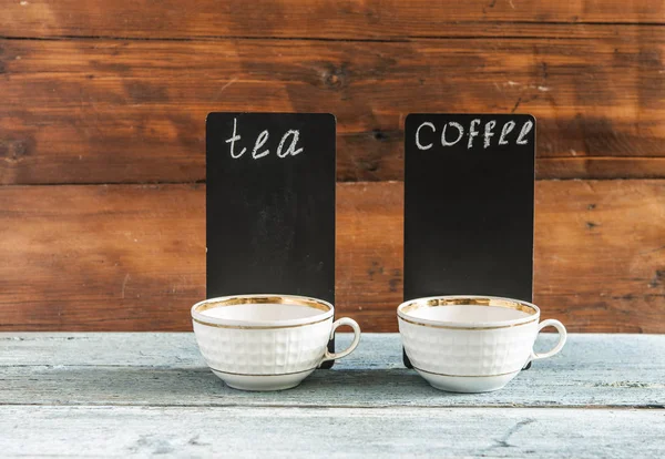 White Coffee Cup Small Blackboard Wooden Tabletop Menu Tea Card — Stock Photo, Image