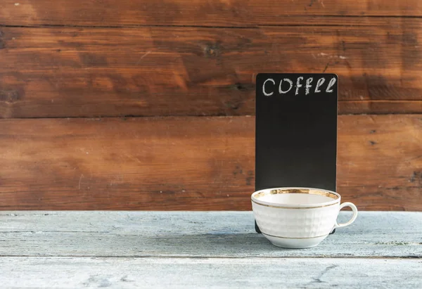 White Coffee Cup Small Blackboard Wooden Tabletop Menu Tea Card — Stock Photo, Image