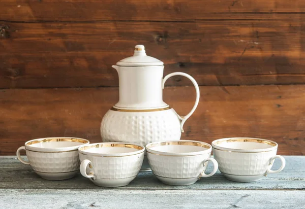 Ceramic Teapot Stack Cups Wooden Table Copy Space — Stock Photo, Image