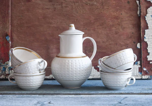 Ceramic Teapot Stack Cups Wooden Table Copy Space — Stock Photo, Image