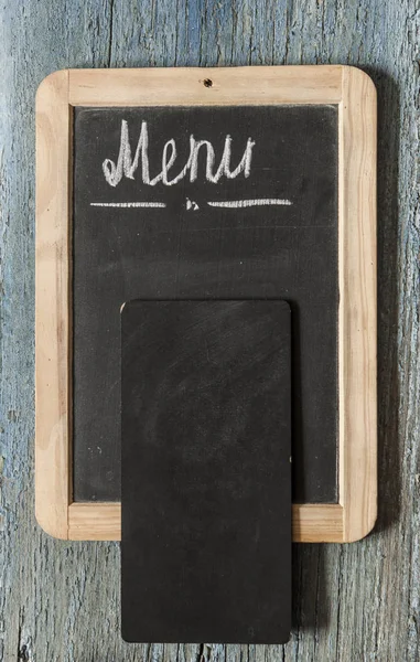 Restaurant Menu Top View Chalkboard Menu Laying Rustic Wooden Desk — Stock Photo, Image