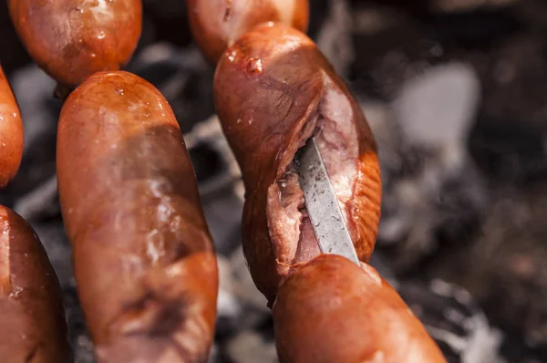 Würstchen Spieß Auf Dem Grill Picknick Wald — Stockfoto