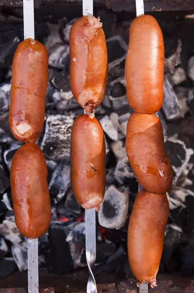 Saucisses Sur Brochettes Sur Gril Pique Nique Dans Forêt — Photo