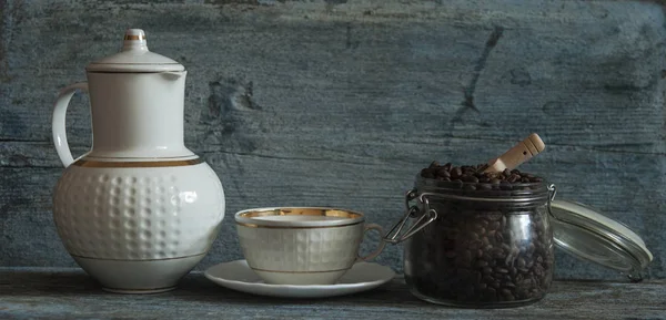 Taza Café Ingredientes Sobre Fondo Madera — Foto de Stock