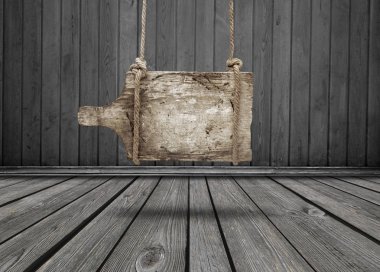 Karanlık grungy Oda ve bir kopya alanı üzerinde asılı eski ahşap afiş