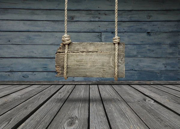 Old Wooden Banner Hanging Dark Grungy Room Copy Space — Stock Photo, Image